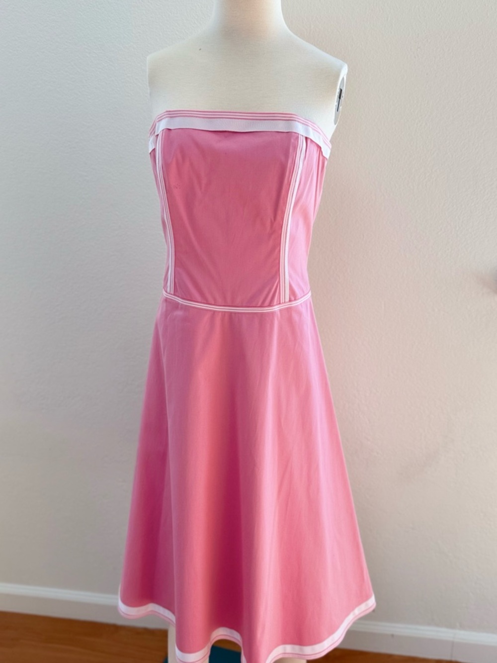 Classic Strapless Pink A-Line Dress with White Trim